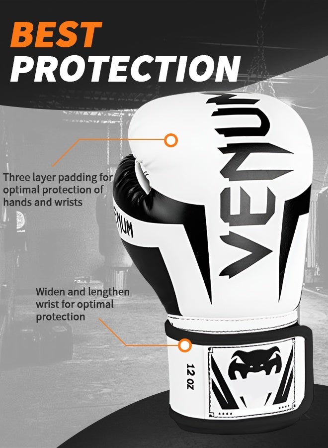 VENUM 12OZ Boxing Gloves PU Leather, Muay Thai Kickboxing MMA Sparring Training, Advanced TAKKA Closure, Padding, Punch Bags Speed Ball Focus Pads Workout-White - Image 4